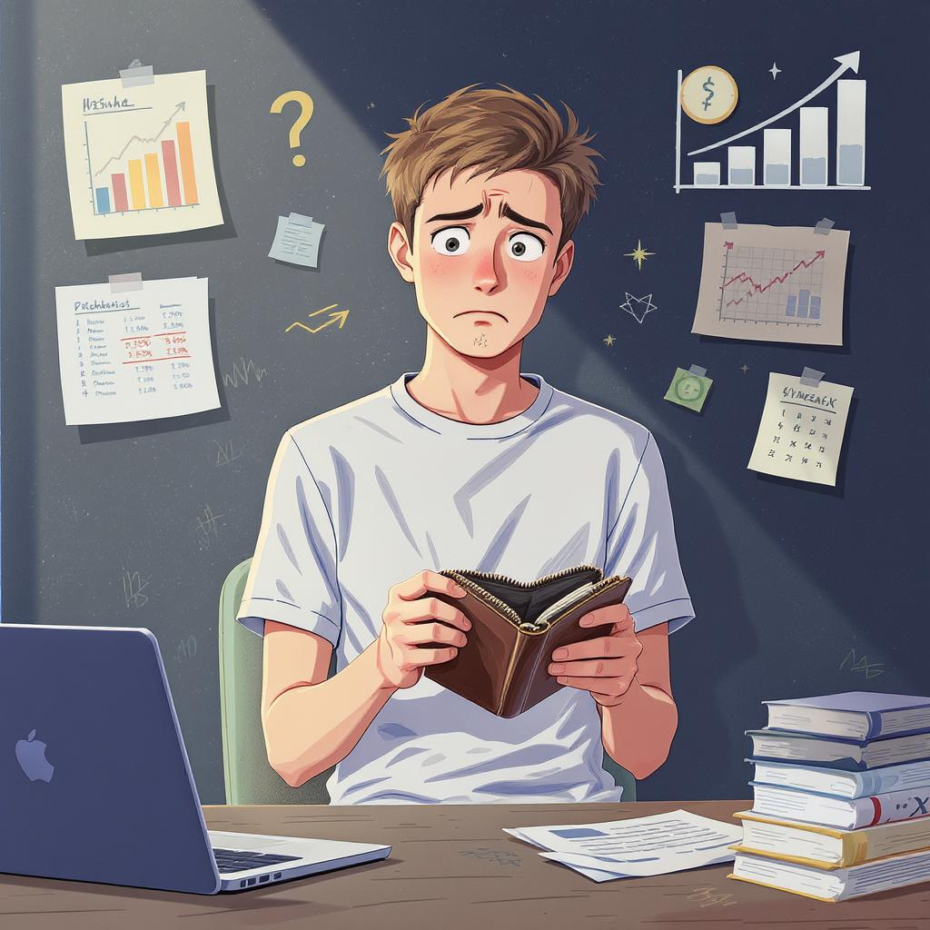Ilustrasi yang terlihat bingung memegang dompet kosong dengan latar belakang catatan keuangan dan bisnis